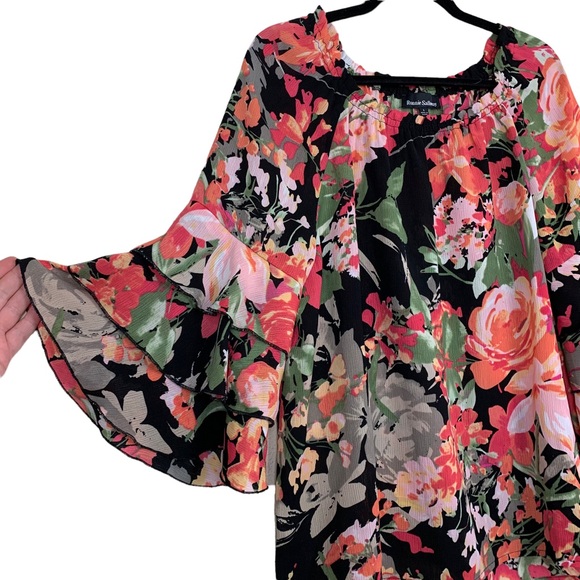 Ronnie Salloway Bright Floral Layered Cropped Bell Sleeve Blouse Top Large - Picture 3 of 7